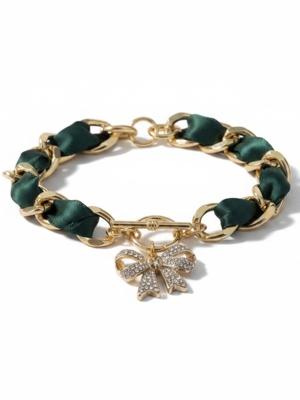Francesca's Emerald Green Satin Ribbon Gold Chain Rhinestone Bow Bracelet NEW